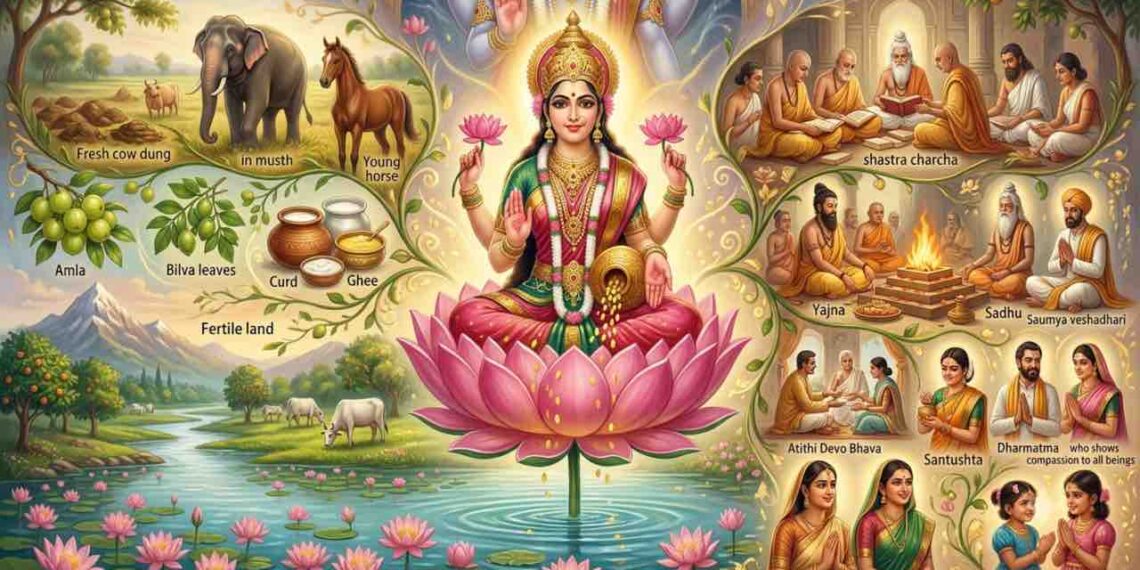 A detailed panoramic digital painting showing Goddess Lakshmi seated on a pink lotus in the center, surrounded by elements where she resides as per Vishnu Smriti, including an elephant, a young horse, Bilva and Amla leaves, cows, saints in scriptural discussion, a holy fire ritual (Yajna), and virtuous people.
