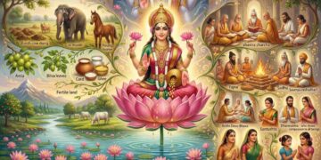 A detailed panoramic digital painting showing Goddess Lakshmi seated on a pink lotus in the center, surrounded by elements where she resides as per Vishnu Smriti, including an elephant, a young horse, Bilva and Amla leaves, cows, saints in scriptural discussion, a holy fire ritual (Yajna), and virtuous people.