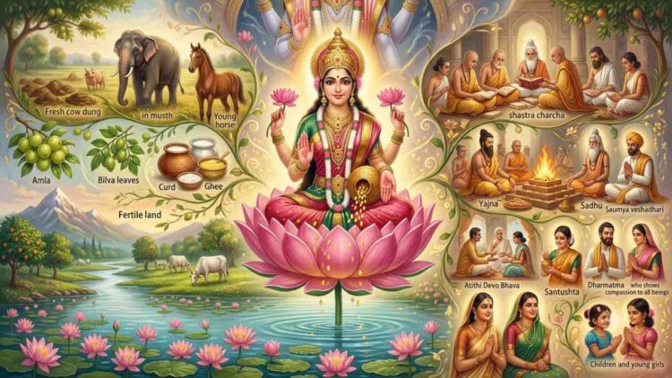 A detailed panoramic digital painting showing Goddess Lakshmi seated on a pink lotus in the center, surrounded by elements where she resides as per Vishnu Smriti, including an elephant, a young horse, Bilva and Amla leaves, cows, saints in scriptural discussion, a holy fire ritual (Yajna), and virtuous people.