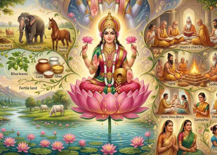 A detailed panoramic digital painting showing Goddess Lakshmi seated on a pink lotus in the center, surrounded by elements where she resides as per Vishnu Smriti, including an elephant, a young horse, Bilva and Amla leaves, cows, saints in scriptural discussion, a holy fire ritual (Yajna), and virtuous people.