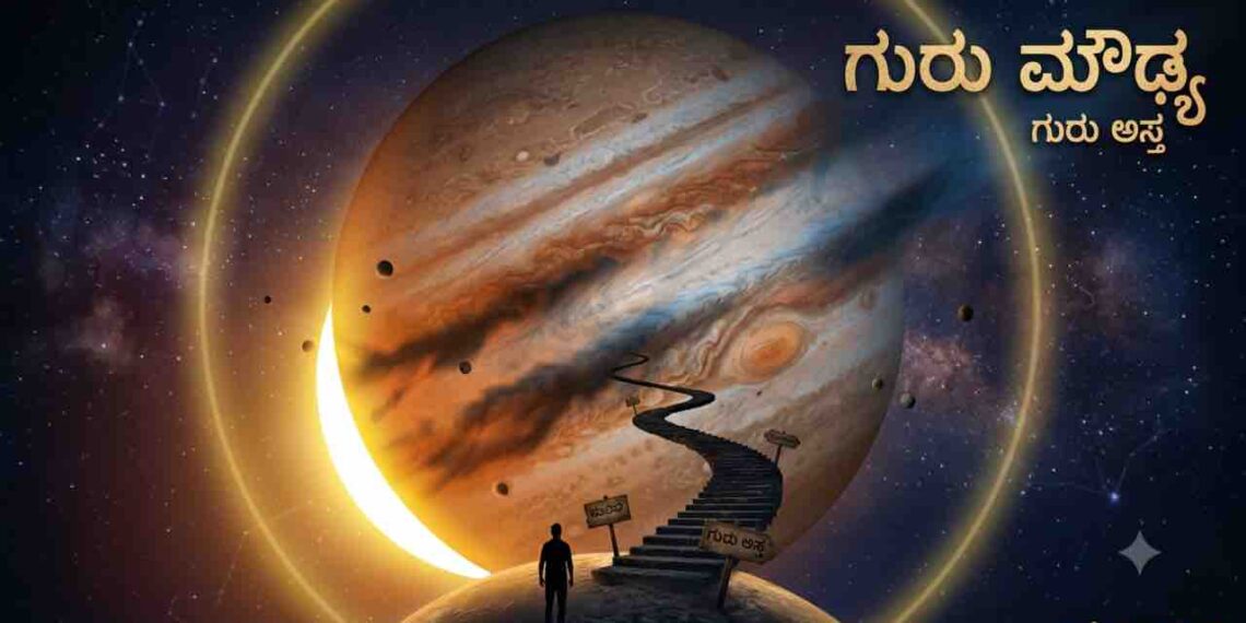 An artistic representation of Jupiter planet getting combust by the Sun in space with a pathway, depicting Guru Moudhya or Jupiter combustion in Vedic astrology.