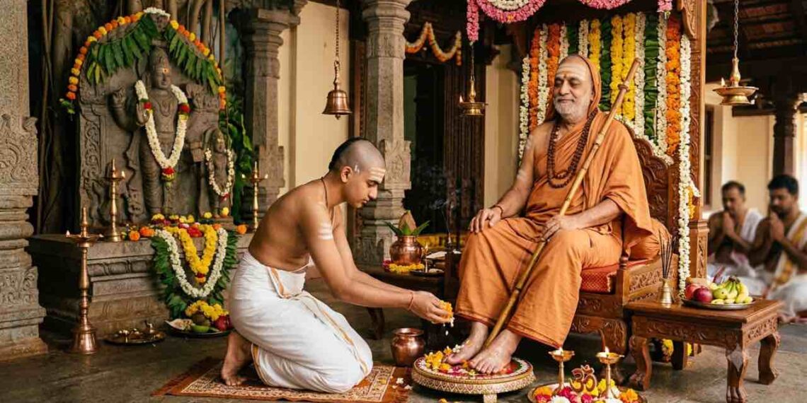 A disciple kneels and performs Pada Puja, washing the feet of a seated Hindu Guru with flowers and water during Guru Purnima.