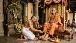 A disciple kneels and performs Pada Puja, washing the feet of a seated Hindu Guru with flowers and water during Guru Purnima.