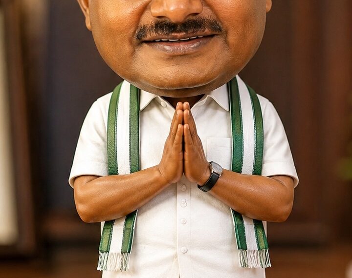 Bobblehead-style HD Kumaraswamy illustration representing the 2028 Karnataka Chief Minister prediction based on astrological analysis.