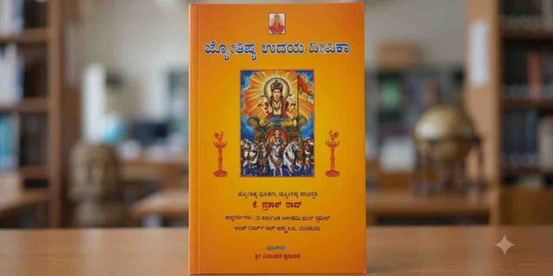 ⁠A close-up photograph of the vibrant orange cover of a Kannada astrology book titled 'Jyotishya Udaya Deepika' by K. Prakash Rao. The cover features a central illustration of Lord Surya in a seven-horse chariot, flanked by oil lamps, with details of the author's title and the publisher at the bottom. The book stands vertically on a wooden desk with a blurred library background.