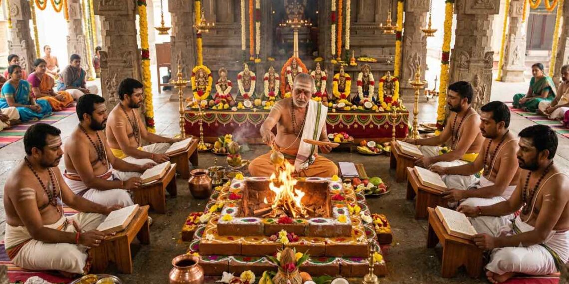 An authentic Vedic ritual in an ornate South Indian temple where a group of barefoot Hindu priests, clad in traditional white and gold clothing with bare torsos and distinct forehead markings, are performing a Navagraha Homa around a central sacred fire (Homa Kunda).