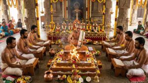 An authentic Vedic ritual in an ornate South Indian temple where a group of barefoot Hindu priests, clad in traditional white and gold clothing with bare torsos and distinct forehead markings, are performing a Navagraha Homa around a central sacred fire (Homa Kunda).