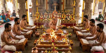 An authentic Vedic ritual in an ornate South Indian temple where a group of barefoot Hindu priests, clad in traditional white and gold clothing with bare torsos and distinct forehead markings, are performing a Navagraha Homa around a central sacred fire (Homa Kunda).