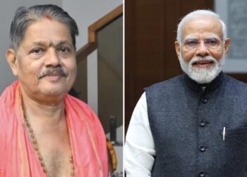 A side-by-side collage of Udupi-based astrologer Prakash Ammannaya and Indian Prime Minister Narendra Modi.