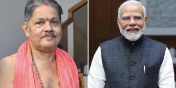 A side-by-side collage of Udupi-based astrologer Prakash Ammannaya and Indian Prime Minister Narendra Modi.