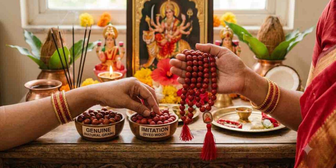 A close-up of a person's hand wearing gold bangles, holding a traditional red sandalwood (Rakta Chandana) mala with 108 beads, a tassel, and a small metal pendant of Goddess Durga. The background is a sacred Hindu altar with a framed picture of Durga, idols of Lakshmi and Saraswati, lit oil lamps, incense, marigold flowers, and a ceremonial coconut.