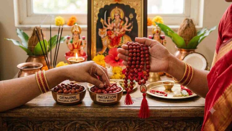 A close-up of a person's hand wearing gold bangles, holding a traditional red sandalwood (Rakta Chandana) mala with 108 beads, a tassel, and a small metal pendant of Goddess Durga. The background is a sacred Hindu altar with a framed picture of Durga, idols of Lakshmi and Saraswati, lit oil lamps, incense, marigold flowers, and a ceremonial coconut.