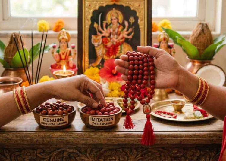 A close-up of a person's hand wearing gold bangles, holding a traditional red sandalwood (Rakta Chandana) mala with 108 beads, a tassel, and a small metal pendant of Goddess Durga. The background is a sacred Hindu altar with a framed picture of Durga, idols of Lakshmi and Saraswati, lit oil lamps, incense, marigold flowers, and a ceremonial coconut.