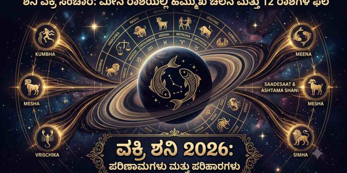 High-resolution astrological graphic representing Saturn's retrograde motion (Shani Vakri 2026) in Pisces (Meena Rashi) with zodiac symbols, golden ring trails, and Kannada text headers.