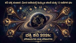 High-resolution astrological graphic representing Saturn's retrograde motion (Shani Vakri 2026) in Pisces (Meena Rashi) with zodiac symbols, golden ring trails, and Kannada text headers.