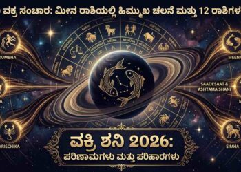 High-resolution astrological graphic representing Saturn's retrograde motion (Shani Vakri 2026) in Pisces (Meena Rashi) with zodiac symbols, golden ring trails, and Kannada text headers.