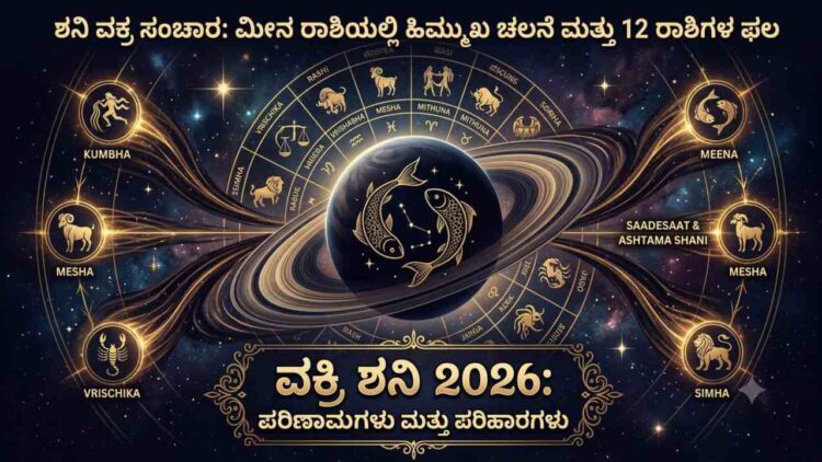 High-resolution astrological graphic representing Saturn's retrograde motion (Shani Vakri 2026) in Pisces (Meena Rashi) with zodiac symbols, golden ring trails, and Kannada text headers.