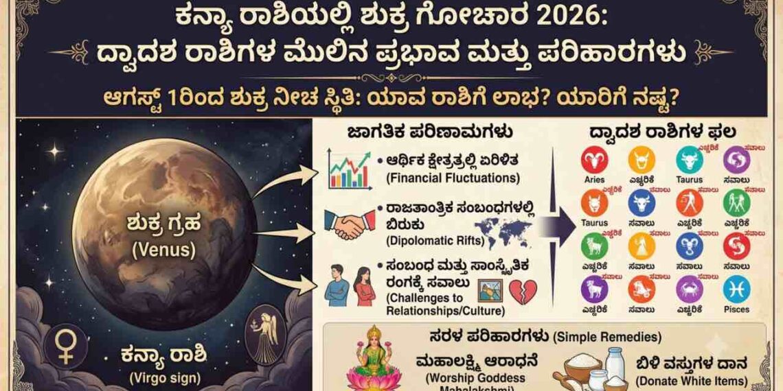 Infographic explaining the impact of Venus transit in Virgo (Shukra Gochara 2026) in Kannada, featuring global financial effects, 12 zodiac predictions, and astrology remedies.