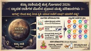 Infographic explaining the impact of Venus transit in Virgo (Shukra Gochara 2026) in Kannada, featuring global financial effects, 12 zodiac predictions, and astrology remedies.