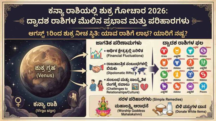 Infographic explaining the impact of Venus transit in Virgo (Shukra Gochara 2026) in Kannada, featuring global financial effects, 12 zodiac predictions, and astrology remedies.