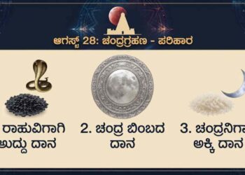 Chandra Grahan 2026 remedies showing black gram for Rahu, rice for Chandra, and lunar disc donation.
