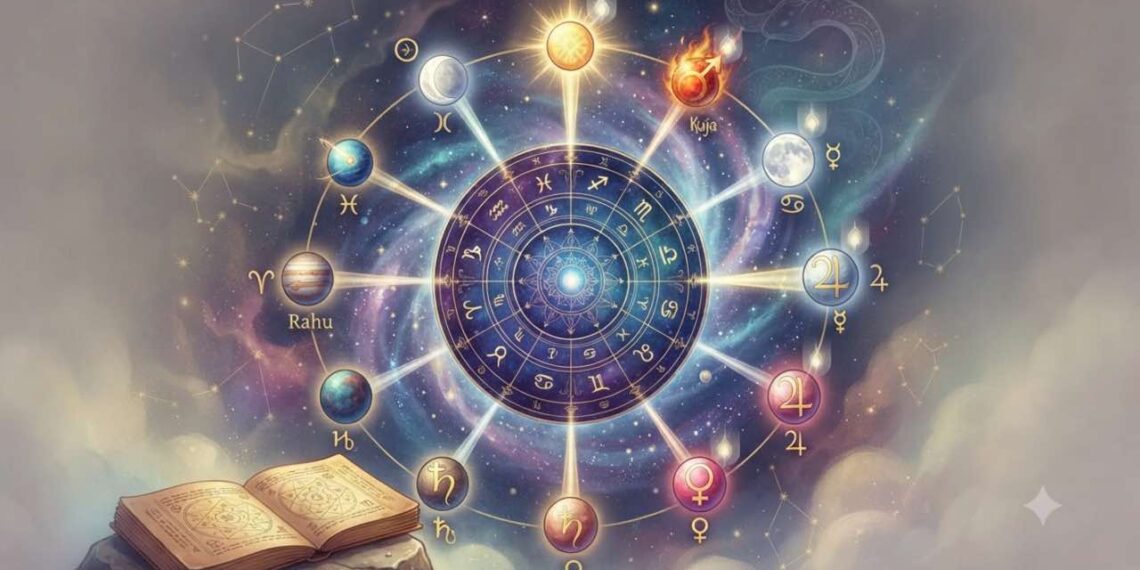 A cosmic illustration depicting the astrological principle of 'Karako Bhava Nashaya', showing a central twelve-house horoscope chart connected to orbiting planets and zodiac signs, emphasizing the concept with symbolic fading light over specific planetary symbols.