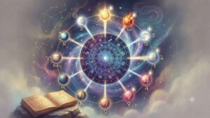 A cosmic illustration depicting the astrological principle of 'Karako Bhava Nashaya', showing a central twelve-house horoscope chart connected to orbiting planets and zodiac signs, emphasizing the concept with symbolic fading light over specific planetary symbols.