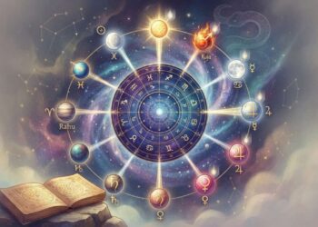 A cosmic illustration depicting the astrological principle of 'Karako Bhava Nashaya', showing a central twelve-house horoscope chart connected to orbiting planets and zodiac signs, emphasizing the concept with symbolic fading light over specific planetary symbols.