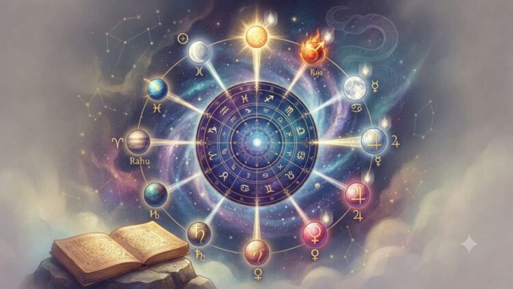 A cosmic illustration depicting the astrological principle of 'Karako Bhava Nashaya', showing a central twelve-house horoscope chart connected to orbiting planets and zodiac signs, emphasizing the concept with symbolic fading light over specific planetary symbols.