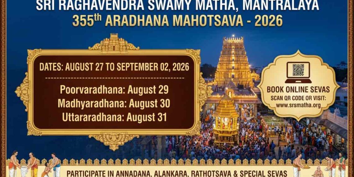 Sri Raghavendra Swamy Matha Mantralaya 355th Aradhana Mahotsava 2026 banner showing dates from August 27 to September 2