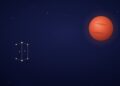 Red planet Mars glowing against a starry night sky beside the twin-star symbol of the Gemini zodiac constellation