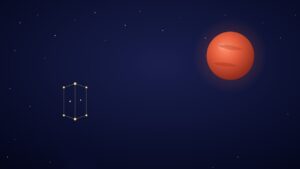 Red planet Mars glowing against a starry night sky beside the twin-star symbol of the Gemini zodiac constellation