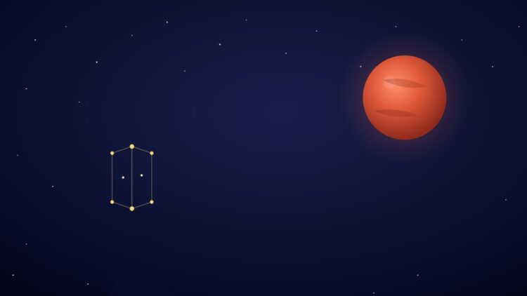 Red planet Mars glowing against a starry night sky beside the twin-star symbol of the Gemini zodiac constellation