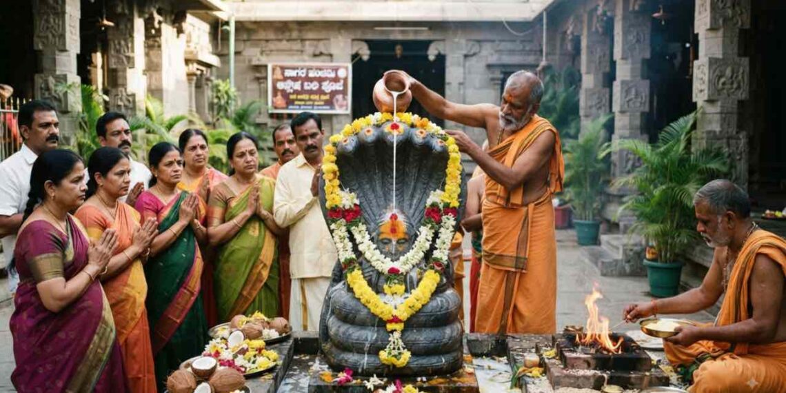 Priests performing Nagara Panchami serpent idol worship and Ashlesha Bali homa at a temple in Bangalore.