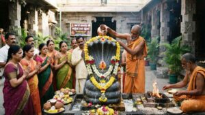 Priests performing Nagara Panchami serpent idol worship and Ashlesha Bali homa at a temple in Bangalore.