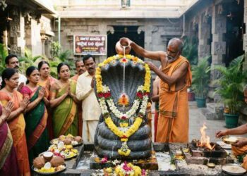 Priests performing Nagara Panchami serpent idol worship and Ashlesha Bali homa at a temple in Bangalore.
