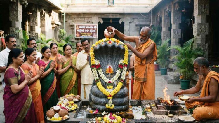 Priests performing Nagara Panchami serpent idol worship and Ashlesha Bali homa at a temple in Bangalore.