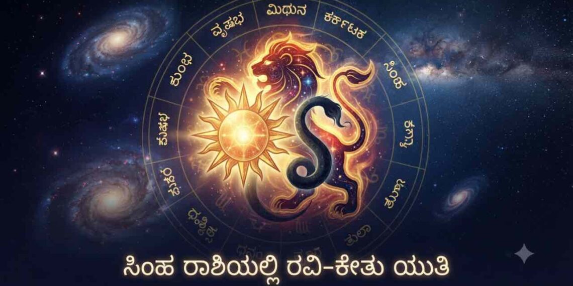 Astrological representation of the Sun and Ketu conjunction in the zodiac sign Leo.