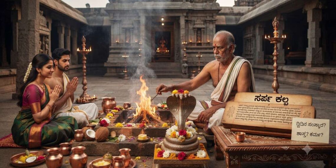 Traditional Sarpa Sanskara ritual and homa being performed by a priest with a serpent idol in a temple courtyard.