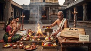 Traditional Sarpa Sanskara ritual and homa being performed by a priest with a serpent idol in a temple courtyard.