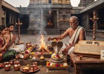 Traditional Sarpa Sanskara ritual and homa being performed by a priest with a serpent idol in a temple courtyard.
