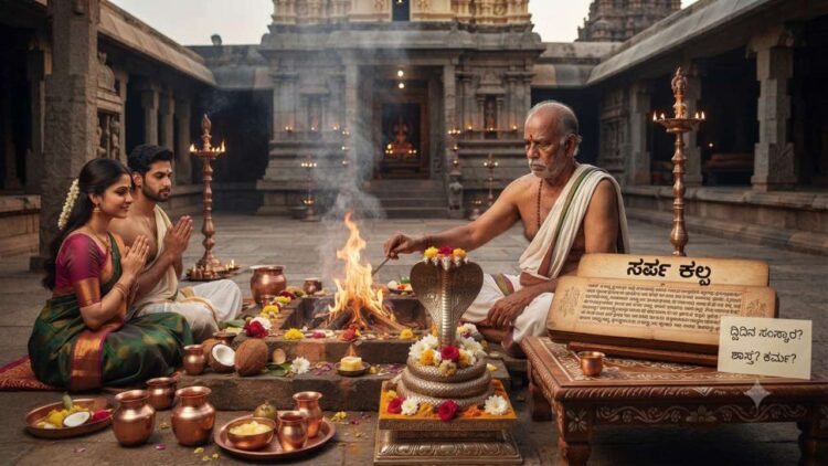 Traditional Sarpa Sanskara ritual and homa being performed by a priest with a serpent idol in a temple courtyard.