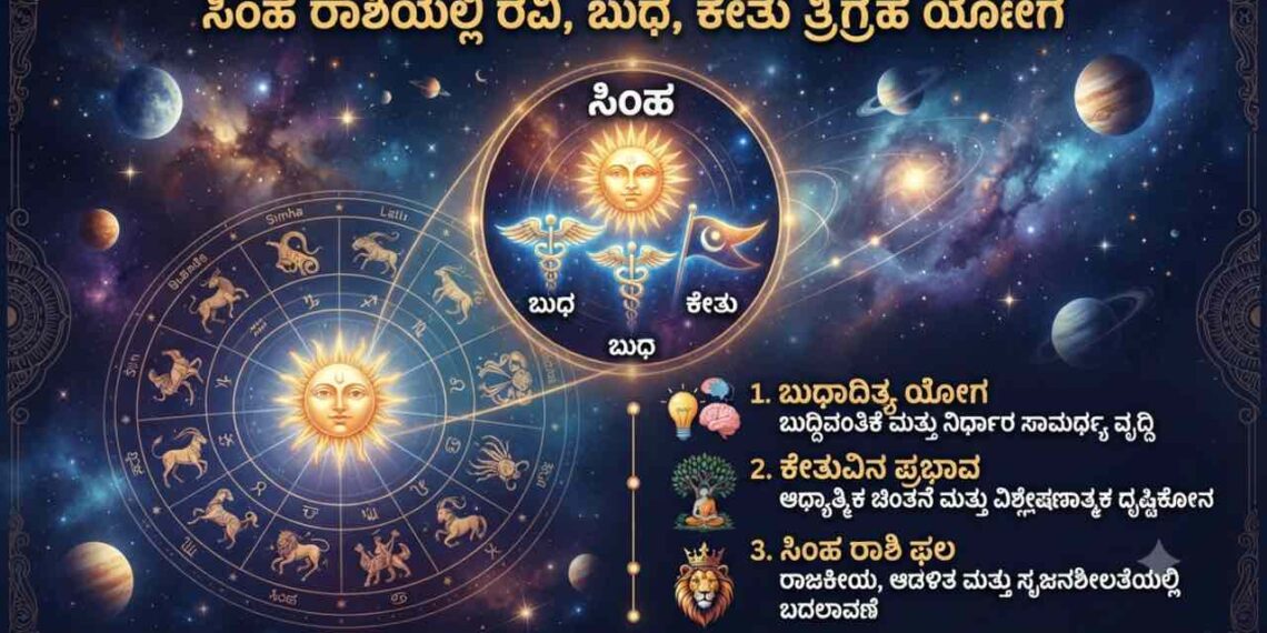 Astrology illustration showing the Trigraha Yoga of Sun, Mercury, and Ketu in Simha Rasi (Leo) with zodiac wheel background in Kannada typography.
