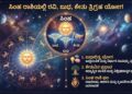 Astrology illustration showing the Trigraha Yoga of Sun, Mercury, and Ketu in Simha Rasi (Leo) with zodiac wheel background in Kannada typography.