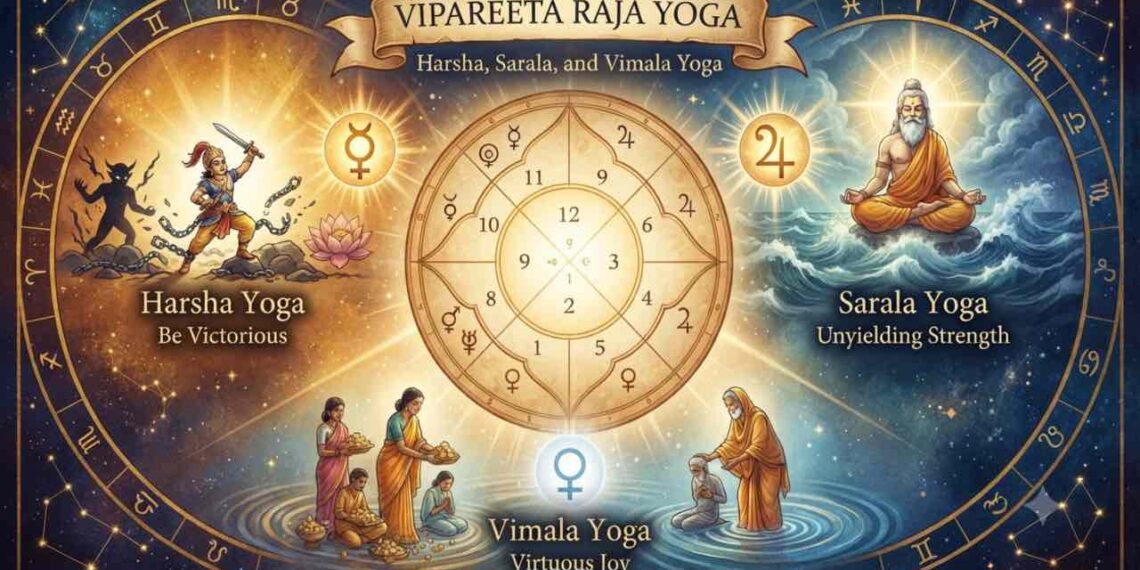 An astrological chart illustration depicting Vipareeta Raja Yoga, including Harsha, Sarala, and Vimala Yoga with planetary symbols.