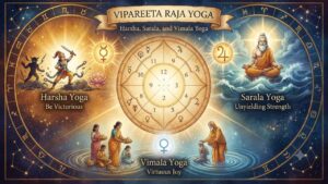 An astrological chart illustration depicting Vipareeta Raja Yoga, including Harsha, Sarala, and Vimala Yoga with planetary symbols.
