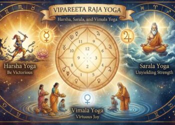 An astrological chart illustration depicting Vipareeta Raja Yoga, including Harsha, Sarala, and Vimala Yoga with planetary symbols.