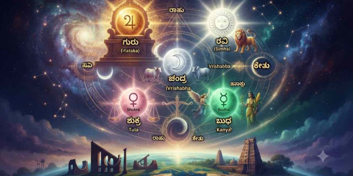 A mystical illustration showing a rare planetary alignment in space above an ancient Jantar Mantar observatory, with each planet labeled in Kannada script and English, including Guru in Kataka, Ravi in Simha, Chandra in Vrishabha, Shukra in Tula, and Budha in Kanya.