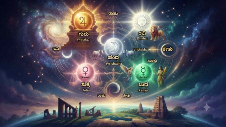 A mystical illustration showing a rare planetary alignment in space above an ancient Jantar Mantar observatory, with each planet labeled in Kannada script and English, including Guru in Kataka, Ravi in Simha, Chandra in Vrishabha, Shukra in Tula, and Budha in Kanya.