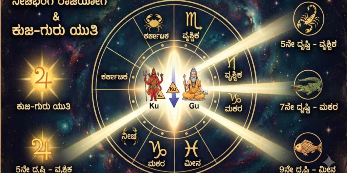 Astrology chart showing Mars and Jupiter conjunction in Cancer creating Neecha Bhanga Raja Yoga with zodiac aspects.